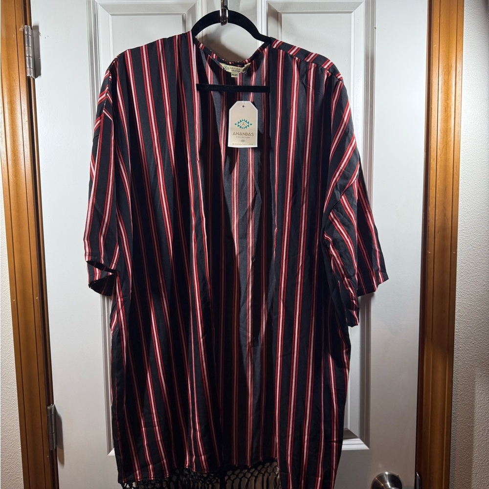 NWT Striped Black and Red Kimono With Fringe Trim